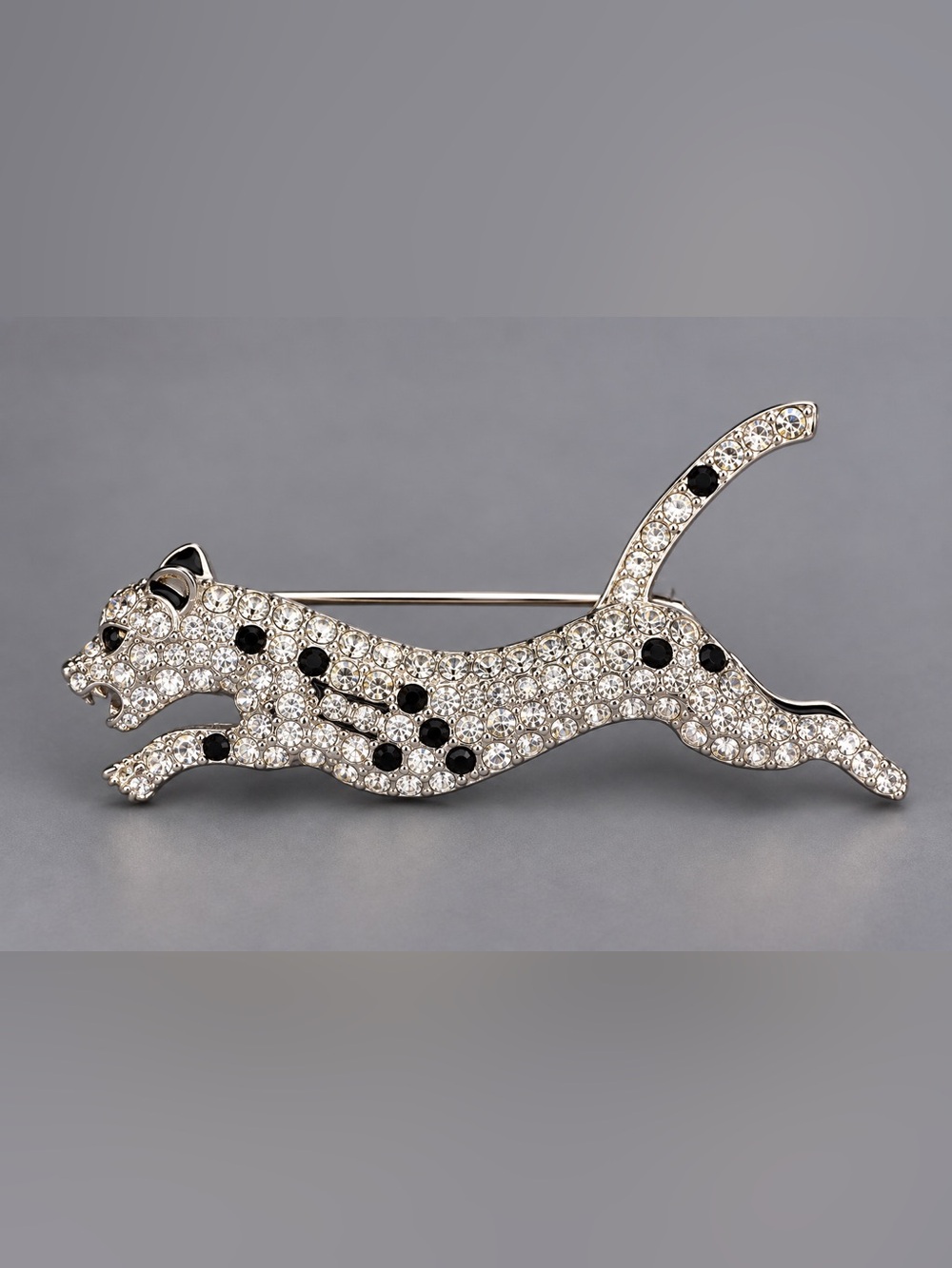 Crystal Cat Brooch - Silver with Black Accents